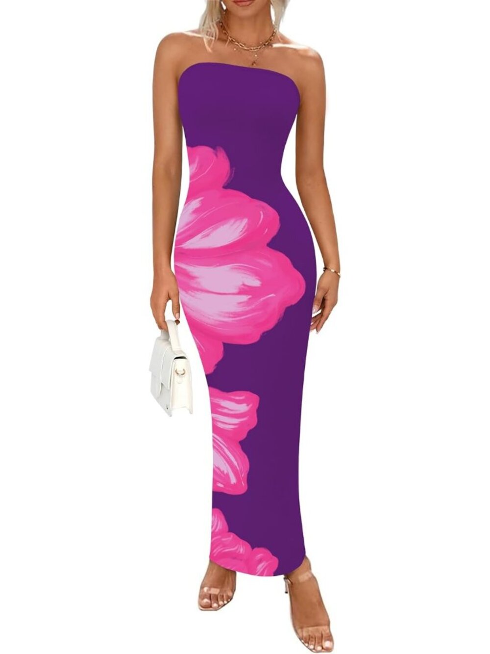Women's Sexy Purple/Pink Floral Strapless Tube Long Bodycon Maxi Party Dress